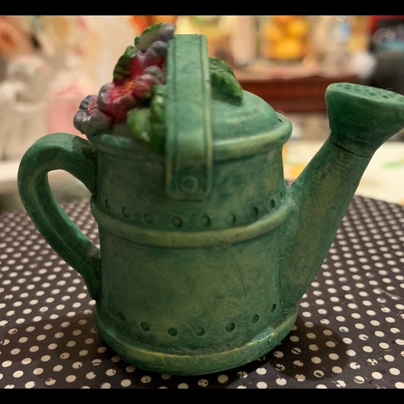 Candle Snuffer w Brass Interior Green Watering Can Topped with Flowers 2 1/2 “ - Picture 8 of 10